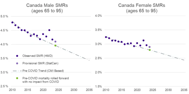 Side-by-side scatter plots titled “Canada Male SMRs (ages 65 to 95)” and “Canada Female SMRs (ages 65 to 95).” Each chart shows annual mortality rates from about 2010 to 2024 with Observed SMR (HMD) declining over time, a dashed downward pre‑COVID trend line, and a point marking the expected 2023–2024 rate without COVID. Male rates decrease from roughly 4.8% to about 4.1%, while female rates fall from about 3.3% to around 2.8%, both generally following a steady downward trend.
