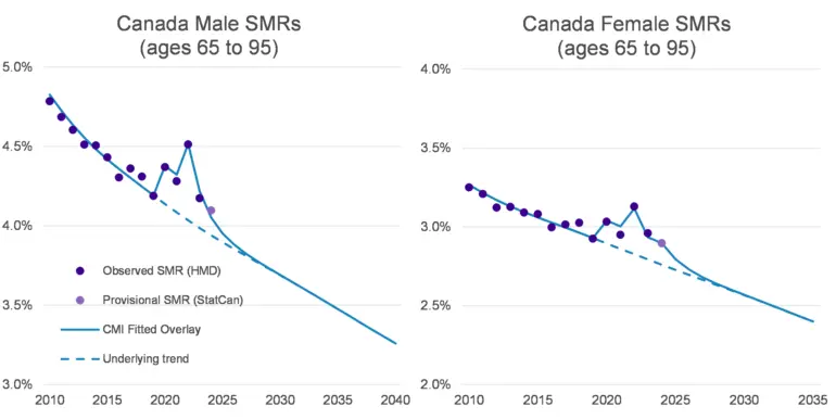 Two side-by-side charts titled “Canada Male SMRs (ages 65 to 95)” and “Canada Female SMRs (ages 65 to 95)” display mortality rates from 2010 through projected values to about 2035–2040. Observed SMR (HMD) show a gradual decline with year-to-year fluctuations, including a noticeable spike around 2020–2022 for both groups. A dot marks provisional recent data. CMI fitted overlay smooths the trend, showing an overall downward trajectory over time, while the underlying trend indicates a steadier pre-spike decline. Male SMRs start higher (around 4.8%) and decline to near 3.2% by 2040, while female SMRs start lower (around 3.3%) and fall to about 2.4%. Both charts show that mortality rates are consistently higher for males than females but decrease over time for both groups.
